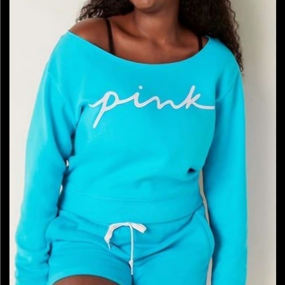 NOT AVAILABLE Blue PINK Off-Shoulder Sweatshirt